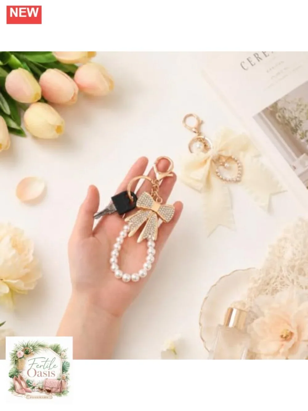 Pearl Bow Keychain Set of 2 - Cute Bag Charm for Purse, Keychain, Wristlet